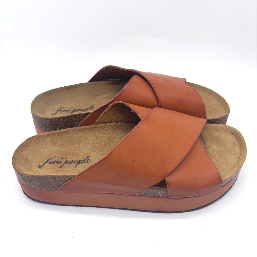 Free People Sidelines Leather Platform HoneyBrown Sandals Women US Size 9 EU 40